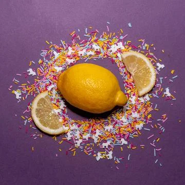 Lemons and sprinkles creative layout. Food photography. Studio shot. Stock Photos