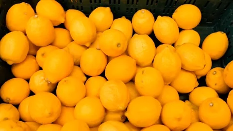 Lemons that are being sold in a crate in a supermarket Stock Footage 287445775
