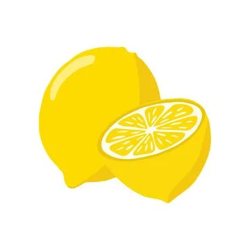 Lemons are bright in a flat style. A whole lemon and a half, highlighted on.. Stock Illustration