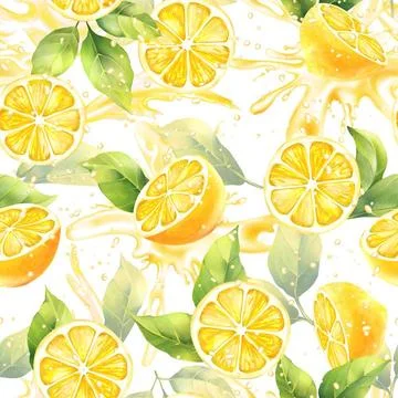 Lemons background with splashes. Hand-drawn fruit seamless pattern. Lemons... 스톡 사진