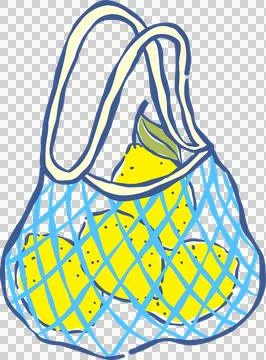 Lemons in Blue Net Bag with Blue Bow Whimsical Hand drawn Иллюстрация