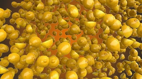 Lemons flying and falling on a orange background. Stock Footage 94256755