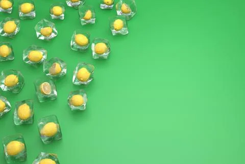 Lemons frozen inside ice cubes on green background. Stock Illustration
