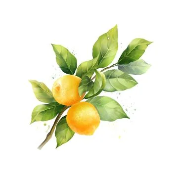 Lemons with leaves, isolated on white background. Hand drawn illustration. Stock-Illustration
