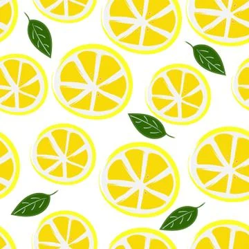 Lemons with leaves seamless pattern vector illustration. Slices of lemon on w Illustrazione stock