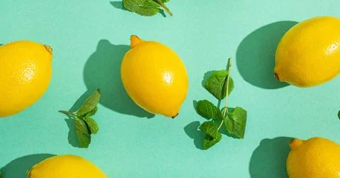 Lemons with mint on minimal blue background sun light hard shadows pattern... 스톡 사진