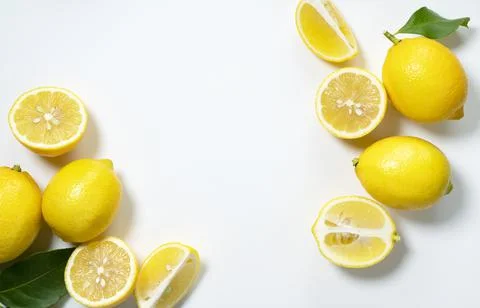 Lemons placed on a white background with copy space and cut in half Stock Photos