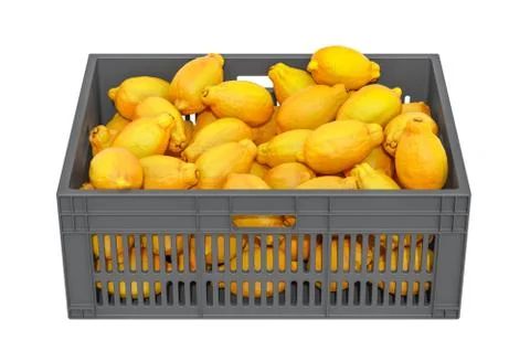 Lemons in the plastic crate, 3D rendering Stock Illustration