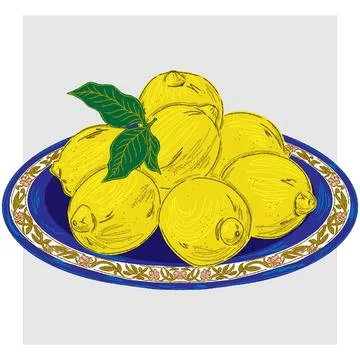 Lemons on a plate with a botanical pattern. Mediterranean elements, Fruits ex Illustrazione stock