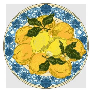 Lemons on a plate with a botanical pattern. Mediterranean elements, Fruits ex Illustrazione stock