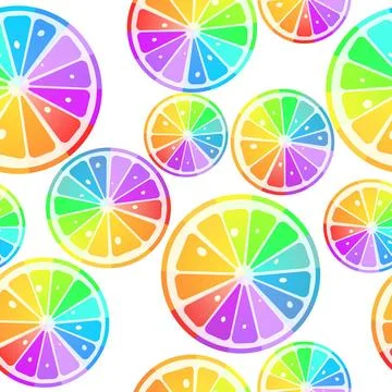 Lemons in rainbow colors Seamless pattern with rainbow lemon slices over w... Stock Photos