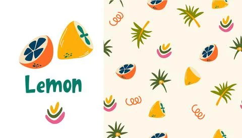 Lemons seamless pattern. Tropical background with lemons, limes and palm leav Stock Illustration