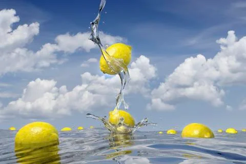 Lemons splashing into pool of water Illustrazione stock