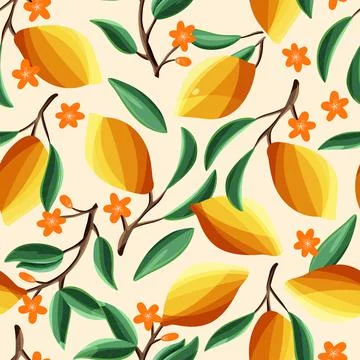 Lemons on tree branches, seamless pattern. Tropical summer fruit, on beige Illustrazione stock