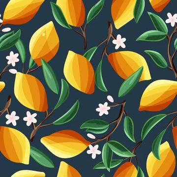 Lemons on tree branches, seamless pattern. Tropical summer fruit Stock Illustration