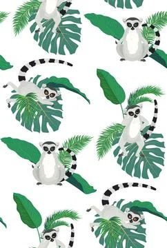 Lemur and tropic leaves pattern Stock Illustration