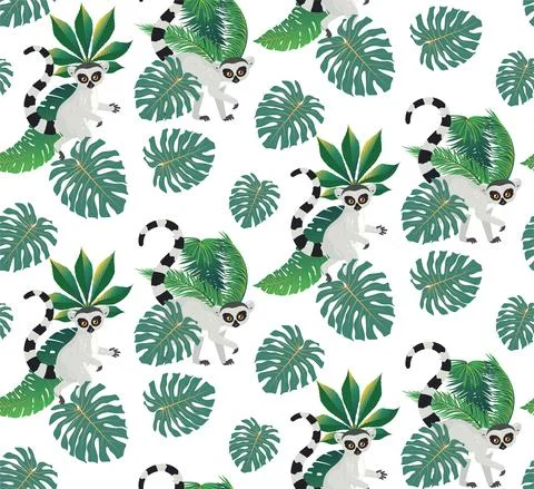 Lemur and tropic leaves pattern Stock Illustration