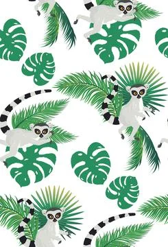 Lemur and tropic leaves pattern 스톡 일러스트
