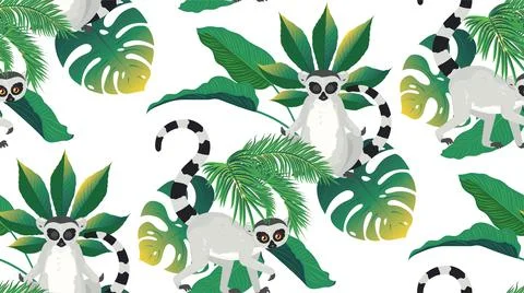 Lemur and tropic leaves pattern Stock Illustration