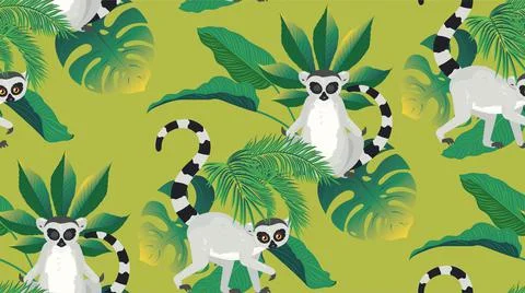 Lemur and tropic leaves pattern 스톡 일러스트