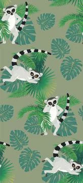 Lemur and tropic leaves pattern 스톡 일러스트