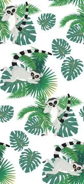 Lemur and tropic leaves pattern 스톡 일러스트