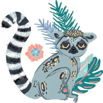 Lemur cute doodle hand drawn flat vector illustration. Wild rainforest animal Stock Illustration