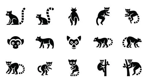 Lemur silhouette icon collection with ring tailed monkeys. 스톡 일러스트