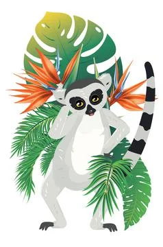 Lemur with tropical plants Stock Illustration