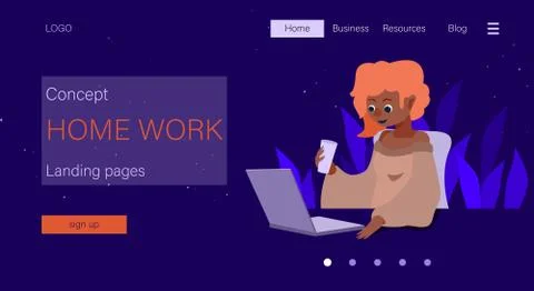 Lending pagewith Home work text on violet backdrop for website. Stock Illustration
