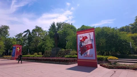 Lenin Park statue with 70th Liberation of Hanoi Celebration Banners 081024 Stock Footage 293461911