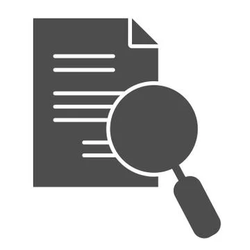 Lens and paper list solid icon. Search, magnifying on document symbol, glyph Illustrazione stock
