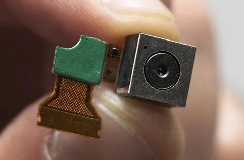 Lens, electronic circuit and sensor of a micro camera. Stock Photos