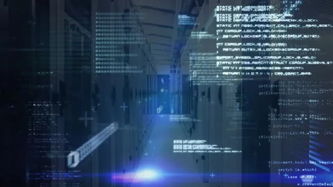 Lens flare activating code panels materializing, drifting through server Stock Footage 312481295