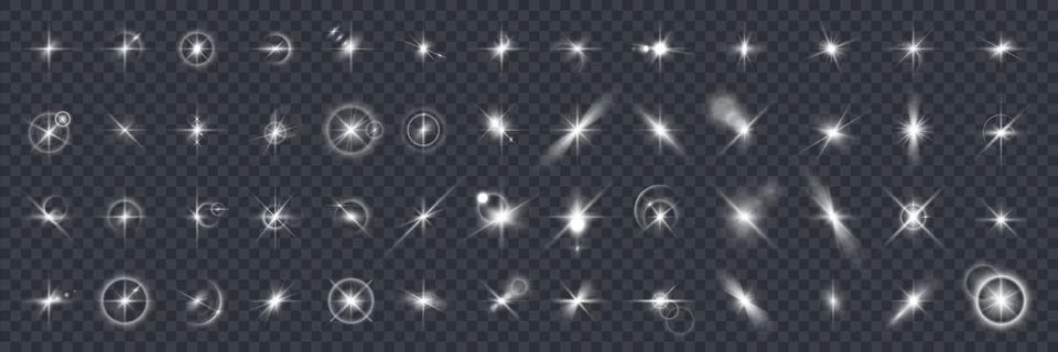 Lens flare. Camera light flash. Realistic shiny glints on transparent background 스톡 일러스트