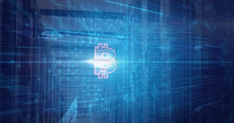 Lens flare emerging, bitcoins converging on pink bitcoin B forming halo Stock Footage 312467161