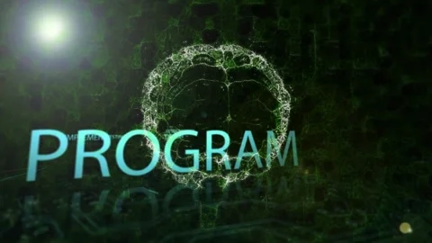 Lens flare initiating CODE, brain wireframe forming while teal words sweeping, Stock Footage 329703196