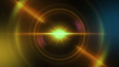 Lens flare light and centered yellow glow with radial rays over black background Video stock 122736575