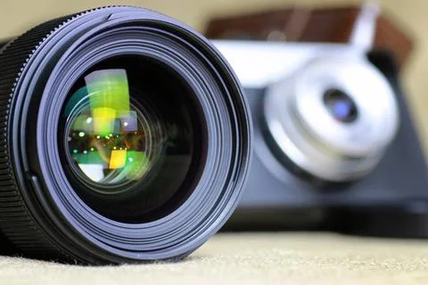 Lens flare retro camera various vintage elements on old worn backgrounds d... Stock Photos