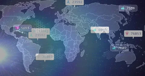 Lens flare shining and hex grid emerging driving data labels popping over world Stock Footage 317119335