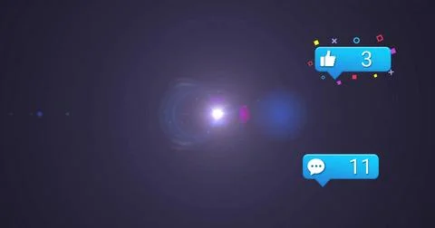 Lens flare shining on digital interface, with thumbs-up and comment icons among Illustrazione stock