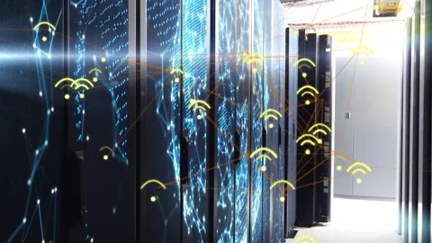 Lens flare starting camera moving down rack aisle, racks pulsing with wifi Stock Footage 333967758