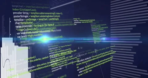 Lens flare sweeping center, code panels sliding, bars growing and line tracing, Stockbeeldmateriaal 321700689