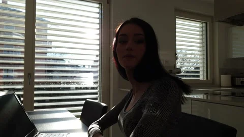 Lens flare, window, open-plan, working, laptop, young, long hair Stock Footage 238797291