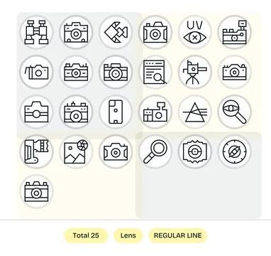 Lens including 25 128x128 Regular Line Vector Illustrations Stock Illustration