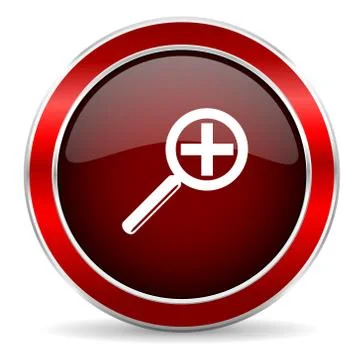 Lens red circle glossy web icon, round button with metallic border Stock Illustration