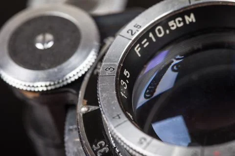 Lens of retro camera selective focus macro closeup Stock Photos