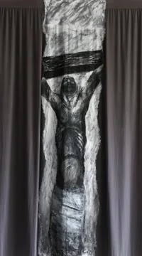 Lenten cloth by Sieger Koder in St. Joseph's Church in Bad Urach, Germany Stock Photos