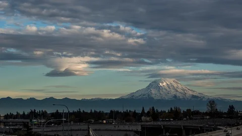 Lenticular Clouds form over Mount Rainier in Timelapse 4k Stock Footage 100502321