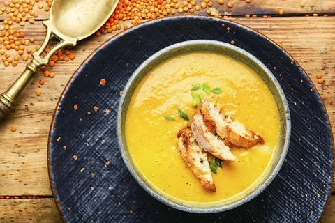 Lentil soup with bread Stock Photos